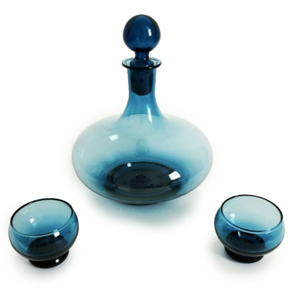 Peedee Barware Set Blue Glass Decanter 4pc Mid Century Modern Retro Vintage
